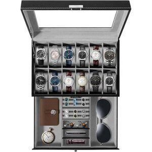 Watch box organizer with jewelry drawer 12 slot PU leather display case